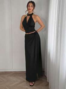 Firerie Damen Frühling elegante romantische Mode Pendler sexy anmutiger Stil, geeignet für Party, Urlaub, romantisches Date und Hochzeitsgeburtstag, drapierter Ausschnitt anliegende Bluse + Schlitz-Midi-Rock 2 Stücke Set - Schwarz - Übersicht 5