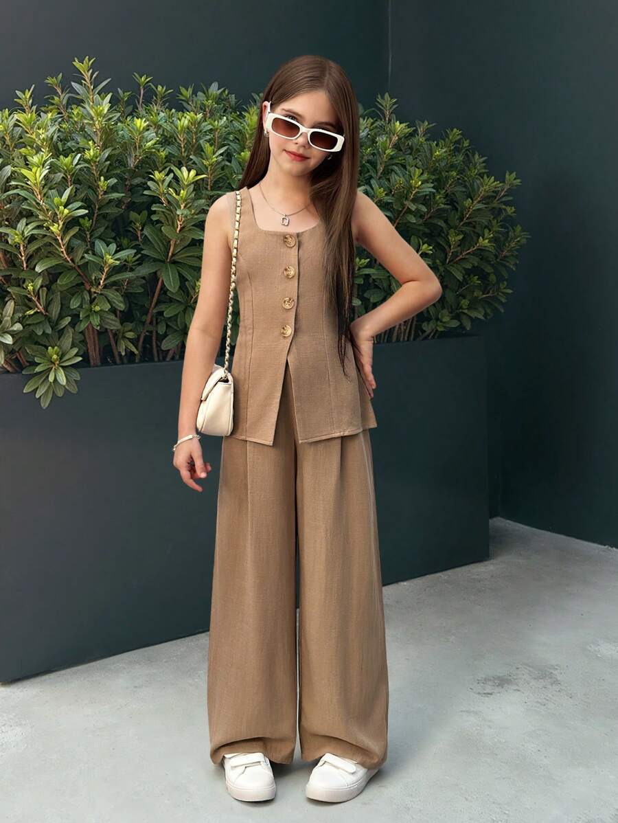 SHEIN Nova Glow Tween Girls Casual Chic Solid Color Square Neck Sleeveless Top And Straight Leg Pants Set Graduation Outfit - Khaki - View 1