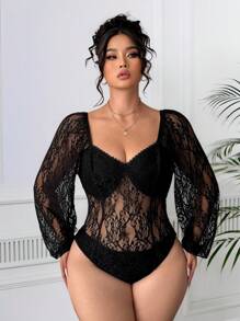 Elenzga Plus Size Square Neck Sheer Bodysuit, Sweetheart Collar, Lantern Sleeve, Lace Bodycon - Black - View 3