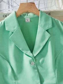 SHEIN 2pcs/Set Teen Girls Lapel Ruched Short Sleeve Button Front Blazer And Ruched Midi Skirt Suit - Green - View 4