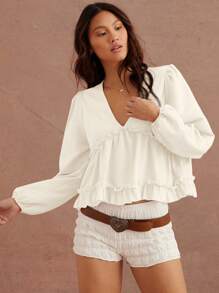 WESTFADE 混合材质针织和梭织 V 领娃娃装长袖上衣 - 白色 - 查看 3