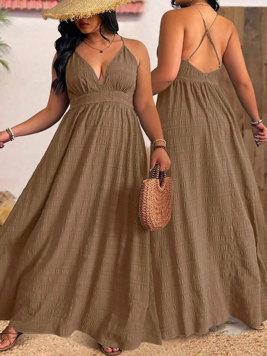 SHEIN Clasi Váy yếm hở lưng họa tiết màu trơn mùa hè cỡ lớn cho nữ đi biển/nghỉ dưỡng - Cà phê nâu - Xem 1