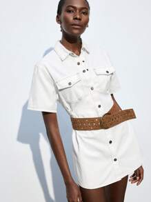 Maija 女士白色牛仔翻领衬衫裙 - 深色水洗藍 - 查看 4