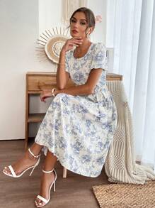 EMERY ROSE Damen Lässig Urlaubsstil Kleid mit Blume Muster und Rundhalsausschnitt, Kurzarm - Babyblau - Übersicht 7