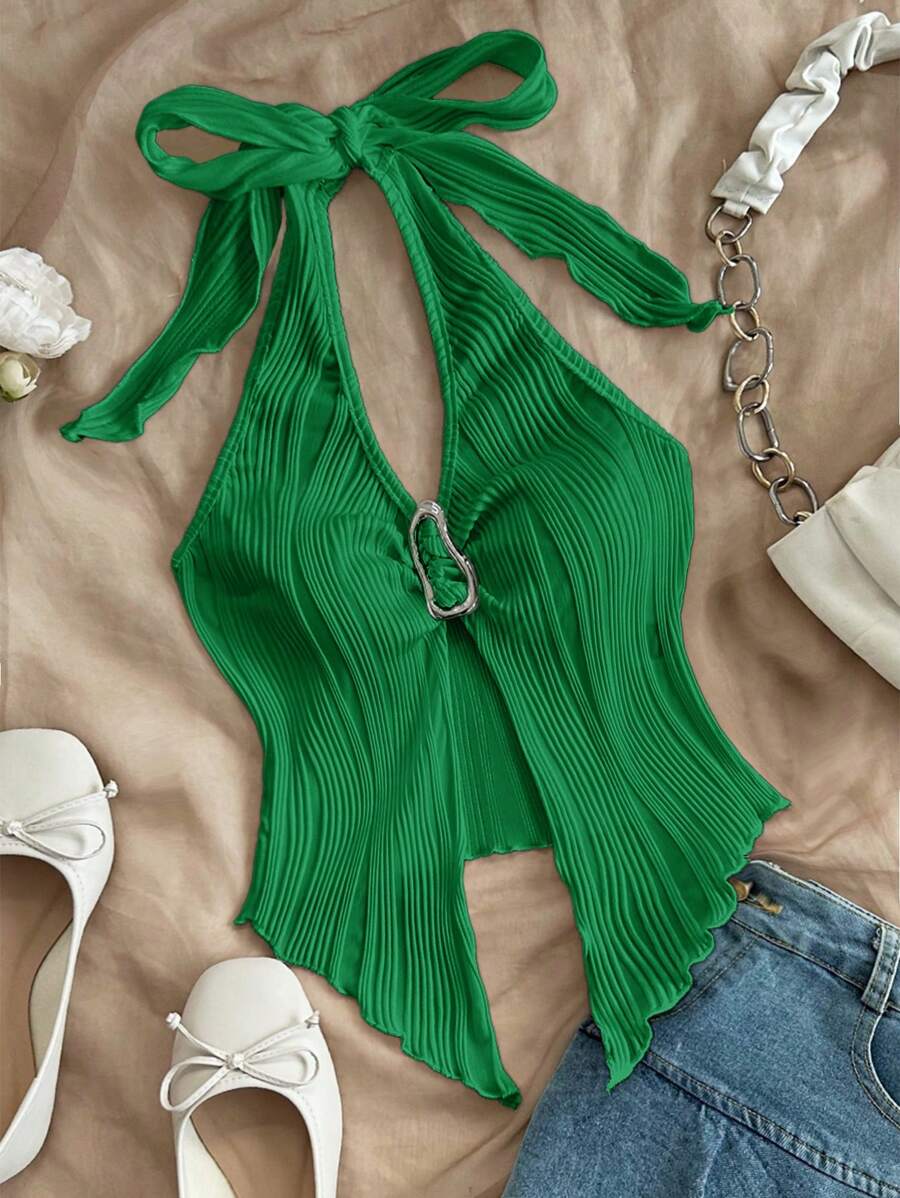 Soleia Casual Halter Tie-Up Metal Buckle Fitted Asymmetrical Hem Sleeveless Tank Top