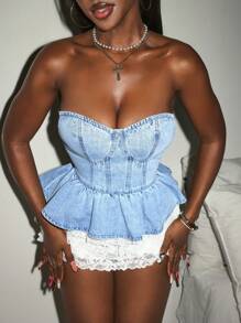 Slaydiva Casual Sexy Women's Denim Tube Top, For Party - Blue - View 6