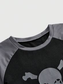 ROMWE Goth Dark Style Skeleton Drop Shoulder Contrast Color Short Sleeve Top And Plaid Shorts Casual Loungewear Set