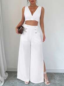 Elenzga 2 pezzi Set di donne elegante composto da top smanicato con scollo a V e pantaloni lunghi con tasche con bottoni