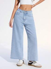 Jeanoix 女式口袋阔腿宽松休闲百搭牛仔裤 - 淺色水洗藍 - 查看 5