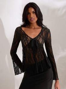 Opulessa 女士纯色针织蕾丝面料上衣，黑色，度假女士，音乐会女士，音乐节，女士夏季，沙滩装，复活节，女士沙滩装，春假，度假女士，音乐会女士，波西米亚风，波西米亚风，音乐节 - 藍白色 - 查看 5