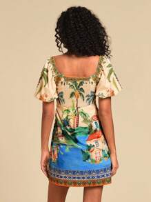 Travachic 女士假日棕榈树印花方领泡泡袖迷你连衣裙、女士夏季服装、女士沙滩装、女士西部装、女士演唱会服装、波西米亚风、热带度假、女士波西米亚风连衣裙、女士热带风连衣裙、女士连衣裙、新款度假女士连衣裙、女士度假服装