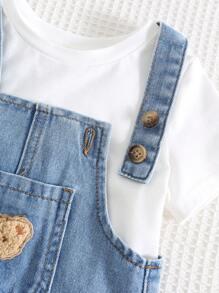 Cozy Pixies Salopette en jean délavé avec poche avant avec motif d'ours de dessin animé pour bébé garçon