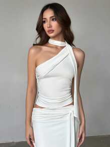 SHEIN EZwear 女士夏季优雅纯色褶饰单肩上衣 - 白色 - 查看 5