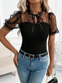 SHEIN Clasi Women Mesh Puff Sleeve Scallop Hem Tie Front Slim Fit T-Shirt Summer For Women/Summer/Summer/Cute Summer Tops Rave/Concert Women/Country Concert/Rave/Rave Festival/Nashville/Ibiza Church/Elegant Vacation Casual Boho Women's T-Shirt - Black - View 3