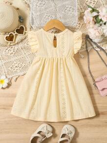 SHEIN 婴儿/幼儿女孩黄色纯色度假风格迷你连衣裙，带荷叶边袖和小圆领，适合夏季 - 黃色 - 查看 9