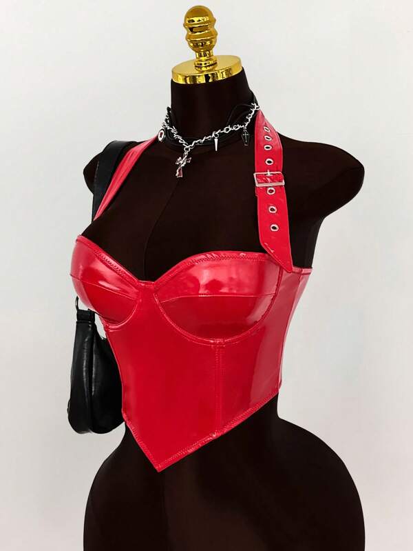 Amplova Y2K 90s Clothes Music  Festival Rave Grunge Punk Women's Minimalist Form-Fitting Casual Metal Belt Decor Halter Crop Top