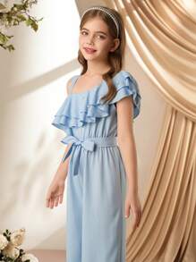 SHEIN Tween Girls Elegant Ruffle Trim Beaded Slip-On Jumpsuit With Belt, Summer - Baby Blue - View 4