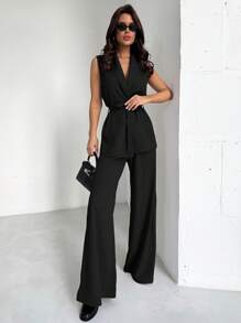 Firerie Women's Elegant Minimalist Casual Commute Daily Vacation Suit, Including Lapel Belt Sleeveless Loose Jacket Shirt And High Waist Wide Leg Khaki Pants 2 Pieces Set In Fall/Winter - Black - View 7