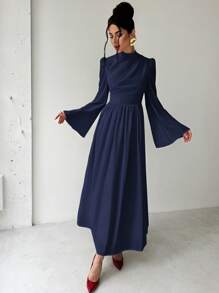 Firerie 女士优雅简约浪漫迷人通勤聚会约会俱乐部褶皱喇叭袖收腰白色 A 字裙，秋冬 - 藏蓝色 - 查看 2