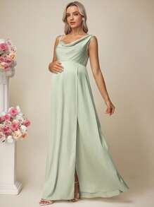 SHEIN 缎面无袖开衩孕妇装，适合伴娘礼服、晚会/婚礼派对 - 綠色 - 查看 4
