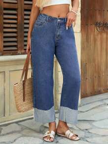 Breezaya Women's Casual Cropped Denim Jeans: Cuffed Hem, Zipper Detail, Blue Wash - Blue - View 3