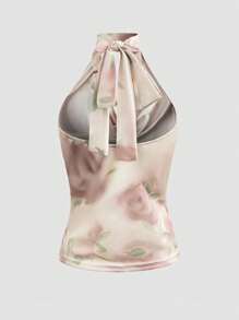 INAWLY Women's Tie-Dye Print Ruffled V-Neck Comfortable Blouse With Neck Tie - Baby Pink - View 2