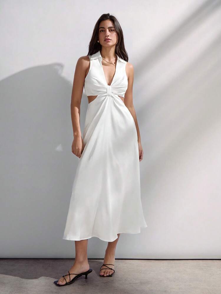 SHEIN Maija Summer 2015 New Music Festival Party Graduation Season Beach Vacation Early Lunch Outfit Cruise Outfit Retro Bohemian Style Collar Waist Cutout Hollow V-Neck Slimming A-Line Mid-Length Dress, Elegant For Wedding Guest Party Gathering
