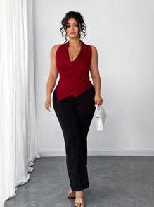 Elenzga 大码女式纯色十字垂领无袖亮面面料紧身吊带背心 - 酒紅色 - 查看 5