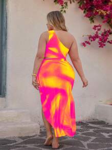 Swim Oasis Conjunto de 3 piezas para mujer talla grande Oasis: Blusa de hombro recogida con estampado de degradado amarillo, pantalones de cintura alta, falda con superposición de malla con estampado de degradado, conjunto de playa de verano para vacaciones