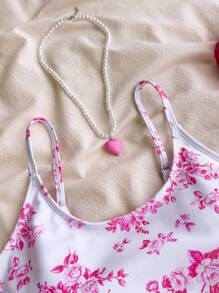 SHEIN Bộ đồ bơi liền thân họa tiết hoa nhỏ xinh xắn kèm váy che chắn cho bé gái tuổi teen đi nghỉ mát mùa xuân - Hồng - Xem 5