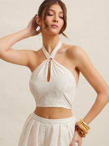 L'Amorae Elegant Summer Vacation Halter Neck Rhinestone Bohemian Smocked Cropped Top, Summer For Women - Apricot - View 4