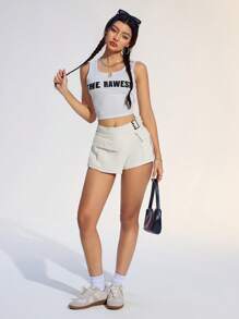 SHEIN EZwear Women's Simple Solid Color Wrap-Around Front Pocket Denim Shorts For Summer - Apricot - View 4