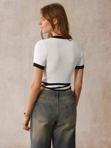 SHEIN LUNE Western Casual Basic Summer Top, American Vintage Style Contrast Color Twist Waist White Short Sleeve Shirt Western Clothes For Women - White - View 3