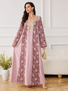 Al Najma Women's Elegant & Luxurious Turkish/Arabian Style Long Dress With Patchwork Design, Modest Kaftan - Pink - View 3