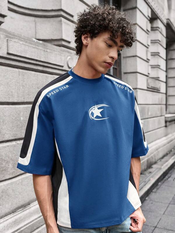 SWAVVY Young Men's Daily Casual Loose Fit Patchwork Short Sleeve T-Shirt, Summer, School