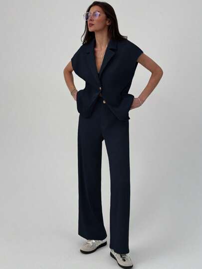 Aloruh 秋冬摩登翻领短袖收腰西装外套+长款直筒西装裤