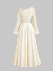 SHEIN MOD 加大码杏色露肩网眼二合一喇叭袖长袖女式连衣裙，西式，复古，70 年代，单身女郎，情人节 - 杏色 - 查看 2