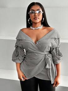 Maweii Plus Size Women Striped Tie-Front Short Sleeve Casual Blouse