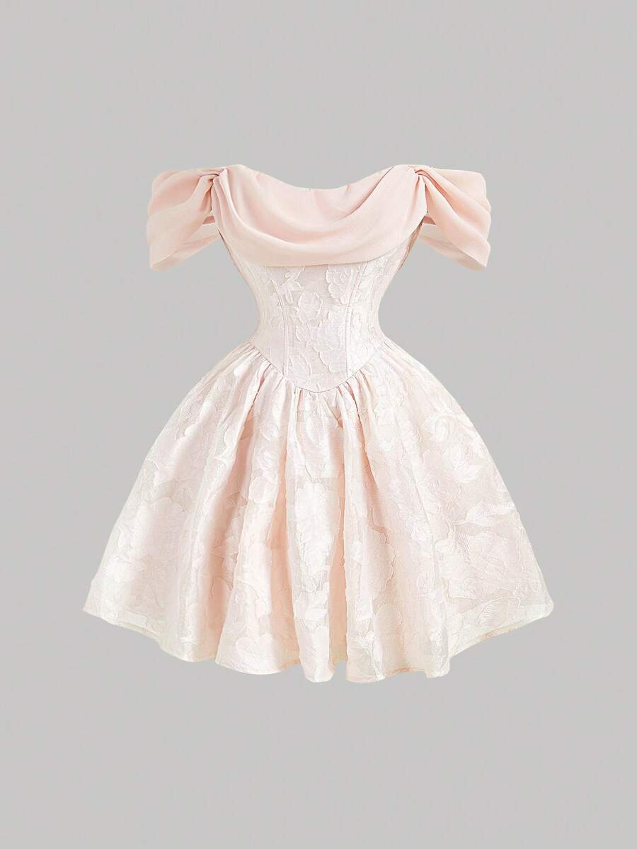 SHEIN MOD 女士粉色纹理露肩短裙、休闲春季约会连衣裙、毕业礼服 - 粉色 - 查看 1