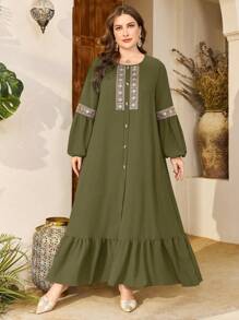 SHEIN Najma CURVE 女士宽松圆领荷叶边褶皱长裙，优雅 - 軍綠色 - 查看 4
