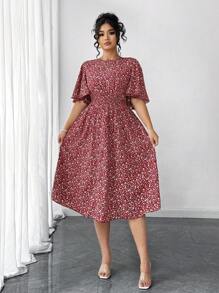 Elenzga Plus Size Women's Ditsy Floral Round Neck, Ruffle Sleeve, Waist Gathered A-Line Midi Dress, Elegant Casual Wear