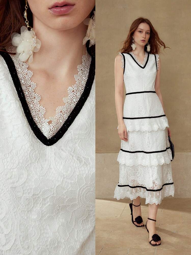 LACE CONTRAST TRIM LAYERED MIDI DRESS