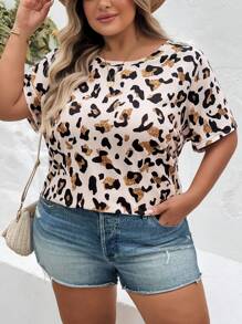 SHEIN CURVE+ Plus Size Women Leopard Print Short Sleeve Casual T-Shirt, Suitable For Summer, Music Festival