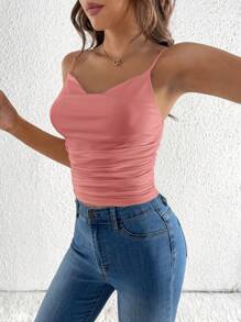 SHEIN Tall Women Solid Color Pleated Scoop Neck Fitted Camisole - Dusty Pink - View 5