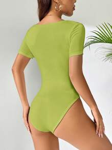 SHEIN PETITE 女士方领短袖休闲 T 恤紧身衣 - 綠色 - 查看 2