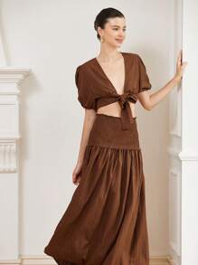 Chiquease 2pcs Women Deep V-Neck Puff Sleeve Top And High Waist Pleated A-Line Skirt Set   Old Money Style For Summer - Brown - View 5