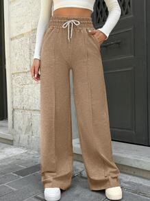 EURMUSE Cotton Tall Drawstring Waist Wide Leg Pants - Camel - View 6