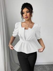 Chiquease 女士夏季休闲纯色泡泡袖收腰衬衫 - 白色 - 查看 3