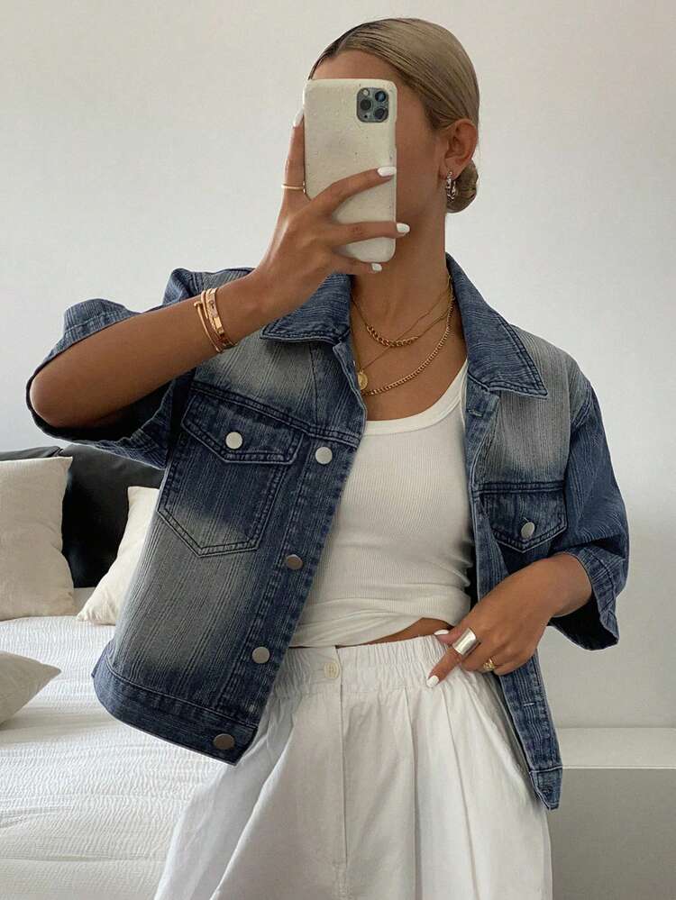 Vintage Washed Fitting Denim Short Sleeve Casual Blouse For Women, Summer