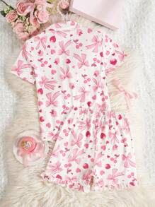 2pcs Girls Set Minimalist Fashion Elegant Sweet Bow Cute Cherry Strawberry Print All Over Pattern Polo Collar Shirt And Shorts Casual Homewear Suit For Tween Girls